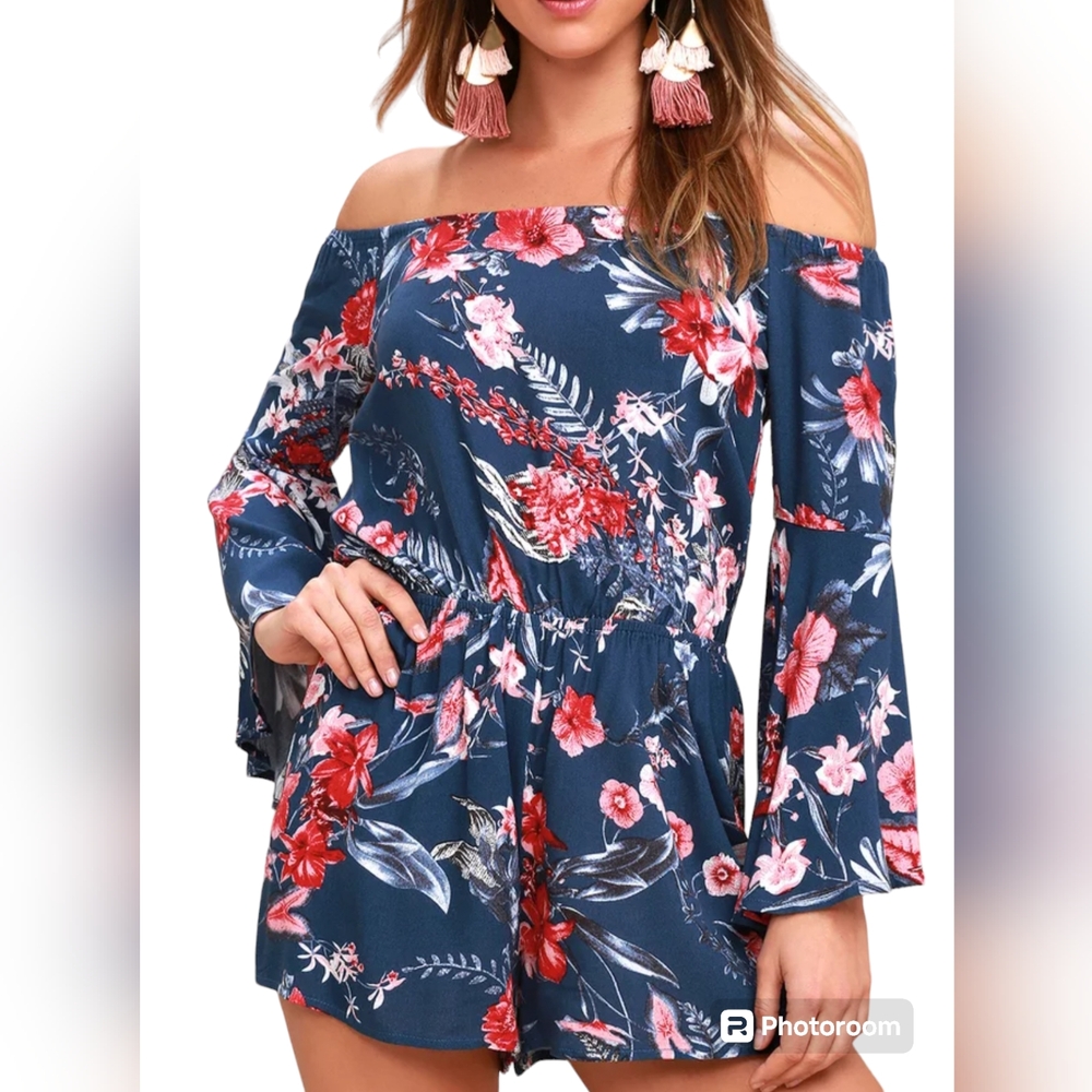 Lulus Wildwood Flower Romper | Navy Tropical Print